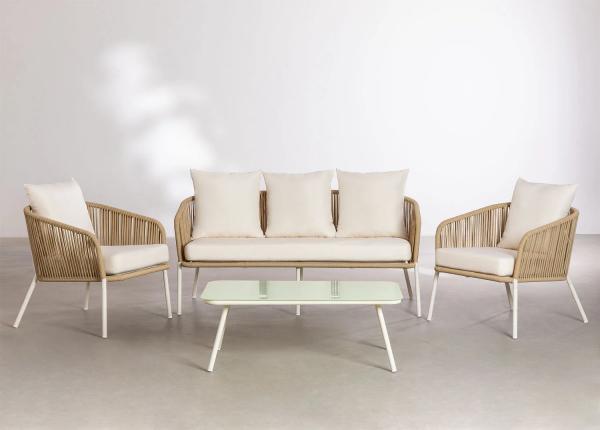 Ensemble lounge en corde naturelle, assise et métal blancs 1