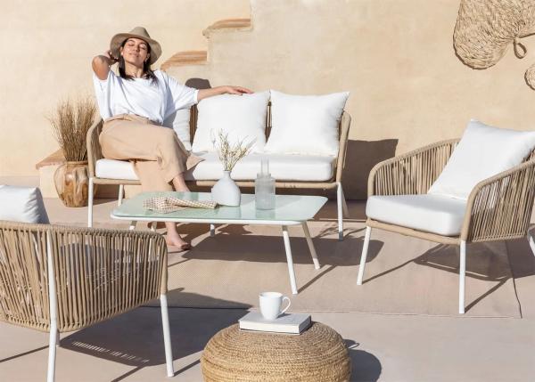 Ensemble lounge MYKONOS en corde naturelle, assise et métal blancs